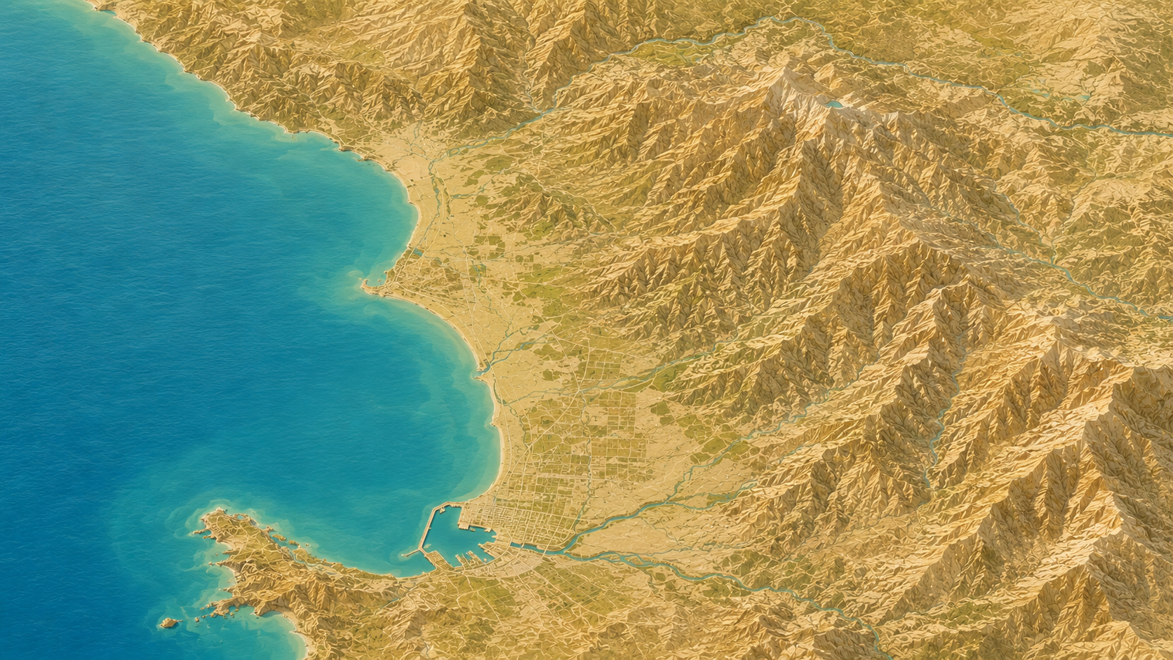 Aerial relief map of Northern Albania Adriatic coastline