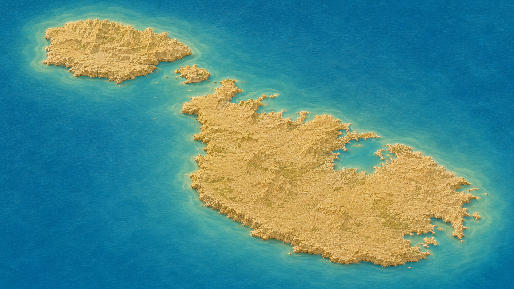 Aerial relief map of northern Malta, Gozo, and Comino islands