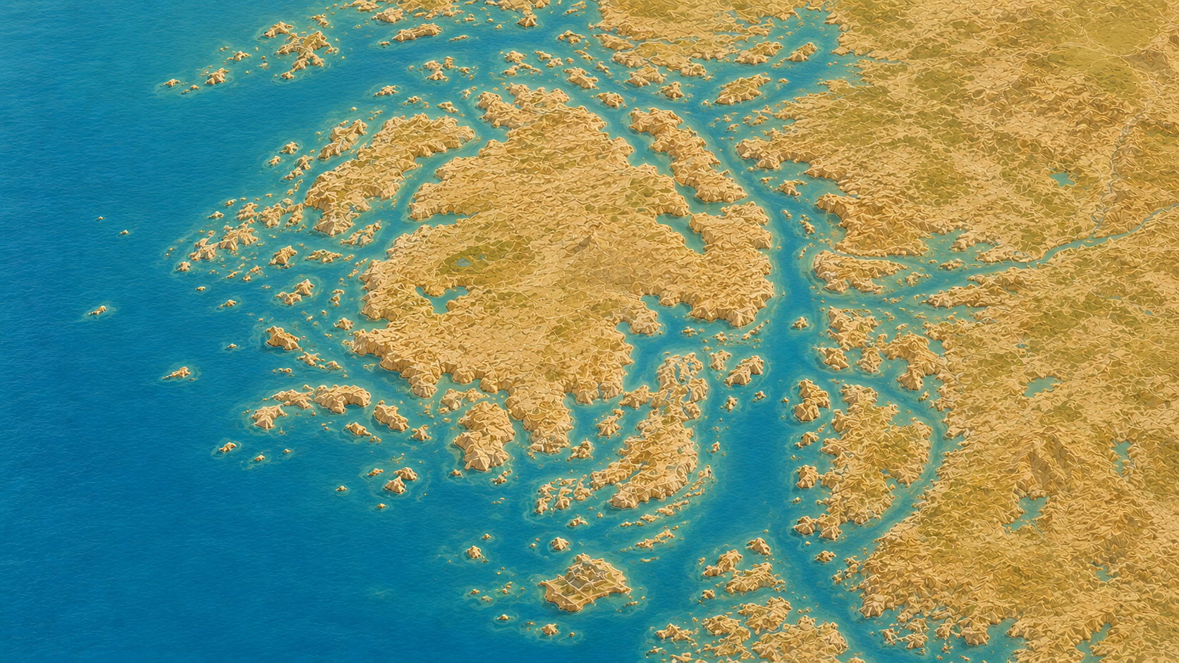 Aerial relief map of Orust island and Bohuslan archipelago, Sweden