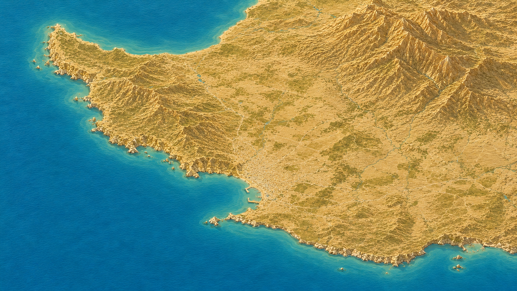 Aerial relief map of Paphos coastline and Akamas Peninsula, Cyprus