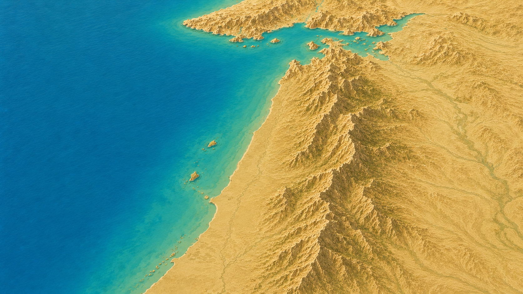 Aerial relief map of Ras al Khaimah Emirate coastline and Hajar Mountains, UAE