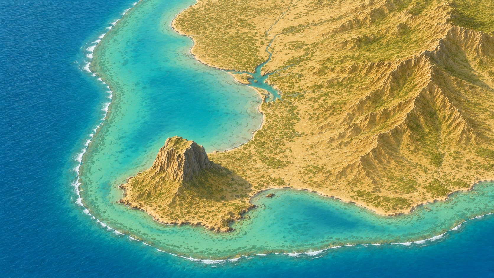Aerial relief map of Riviere Noire and Le Morne Peninsula, southwestern Mauritius