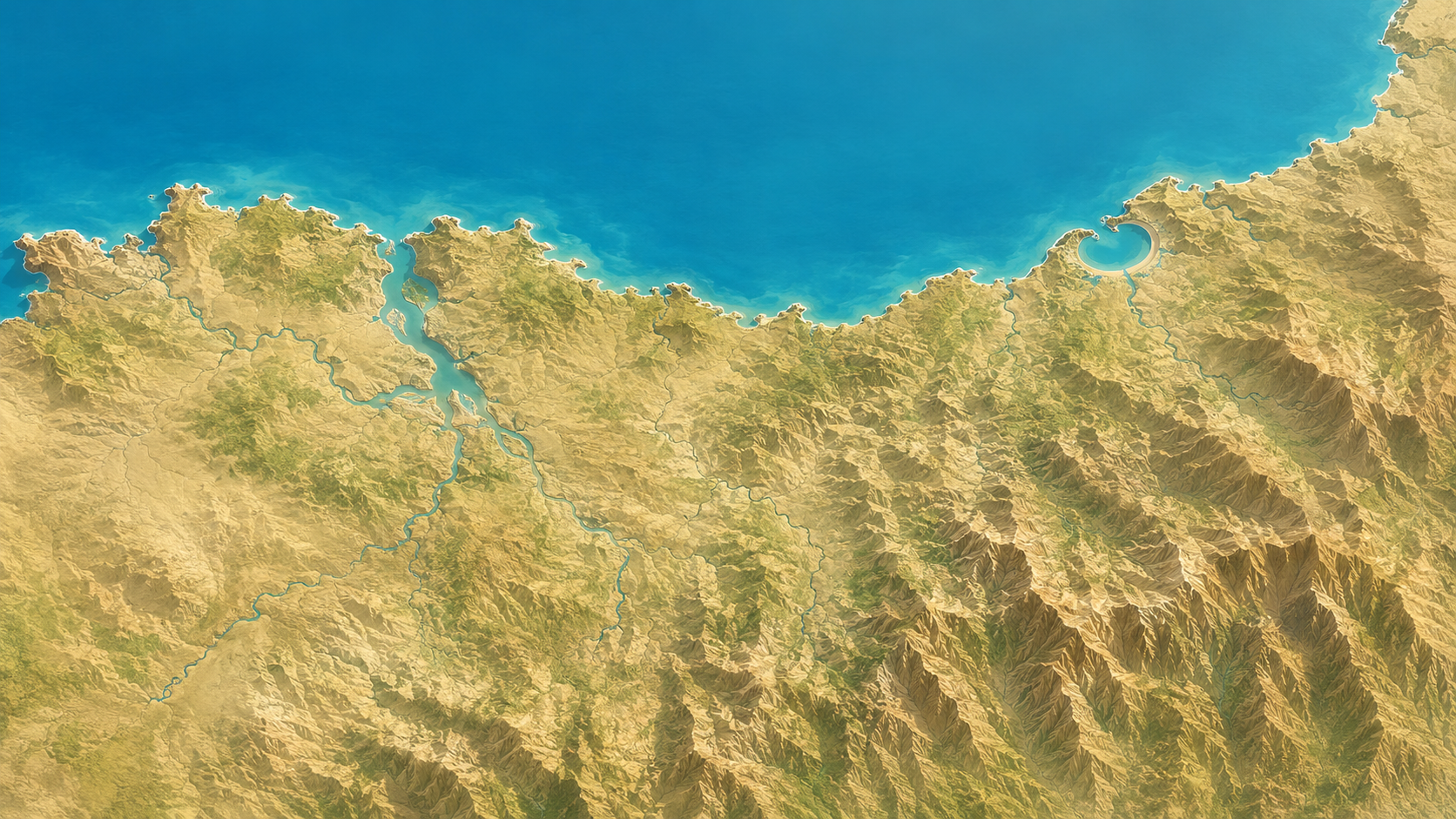 Aerial relief map of Basque Country Atlantic coast and Cantabrian Sea, Spain