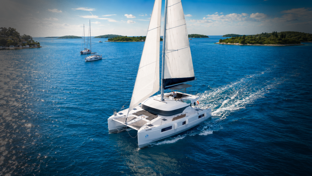 Sailing catamaran cruising along the coast near Pula, Croatia