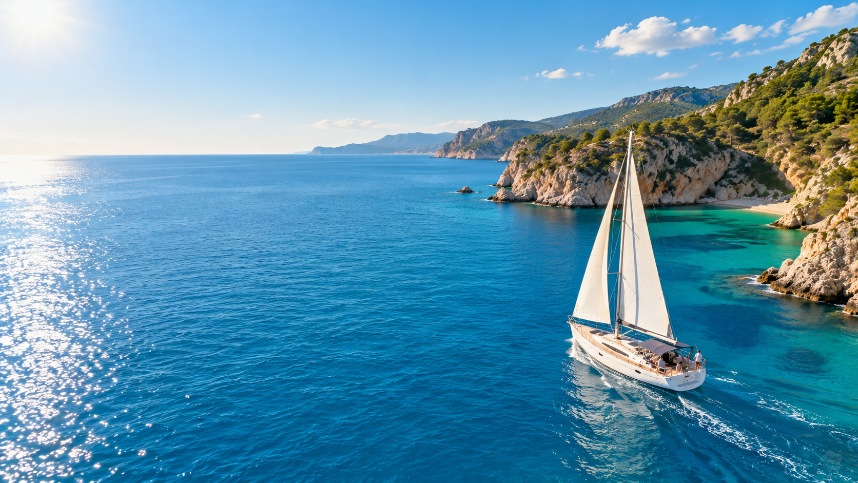 Sailing yacht cruising along a rocky coastline with a small group on deck