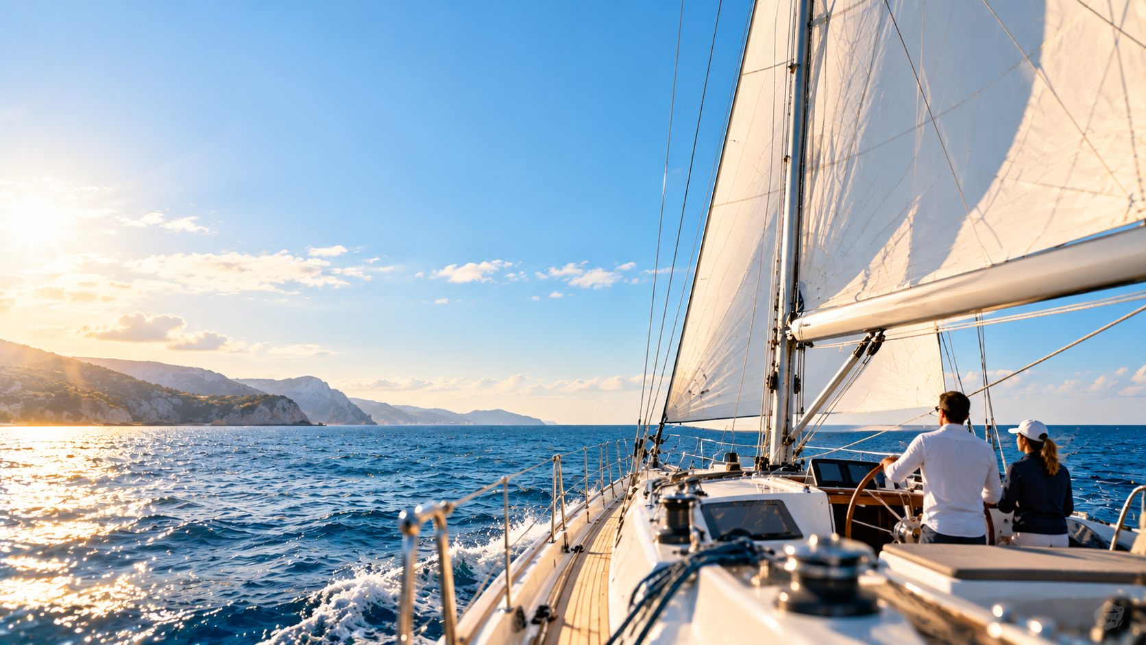 Instructor and student at the helm of a sailing yacht