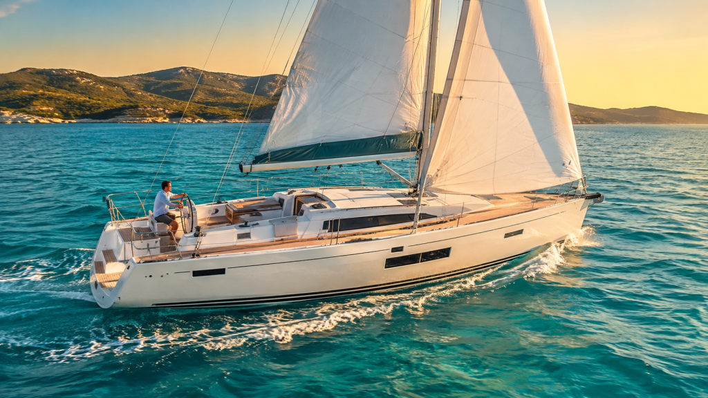 Bareboat charter yacht sailing along the Croatian coast at golden hour