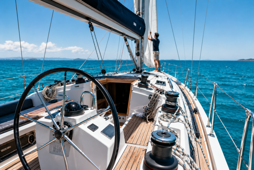 Bareboat charter yacht deck and helm with crew member on deck