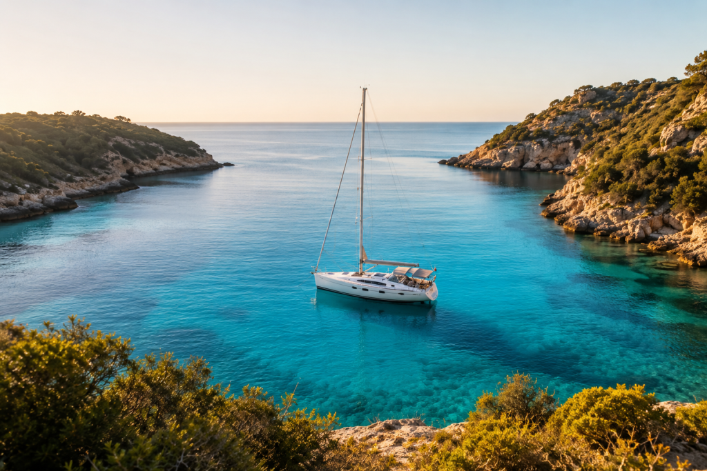 Bareboat charter yacht anchored alone in a secluded turquoise bay
