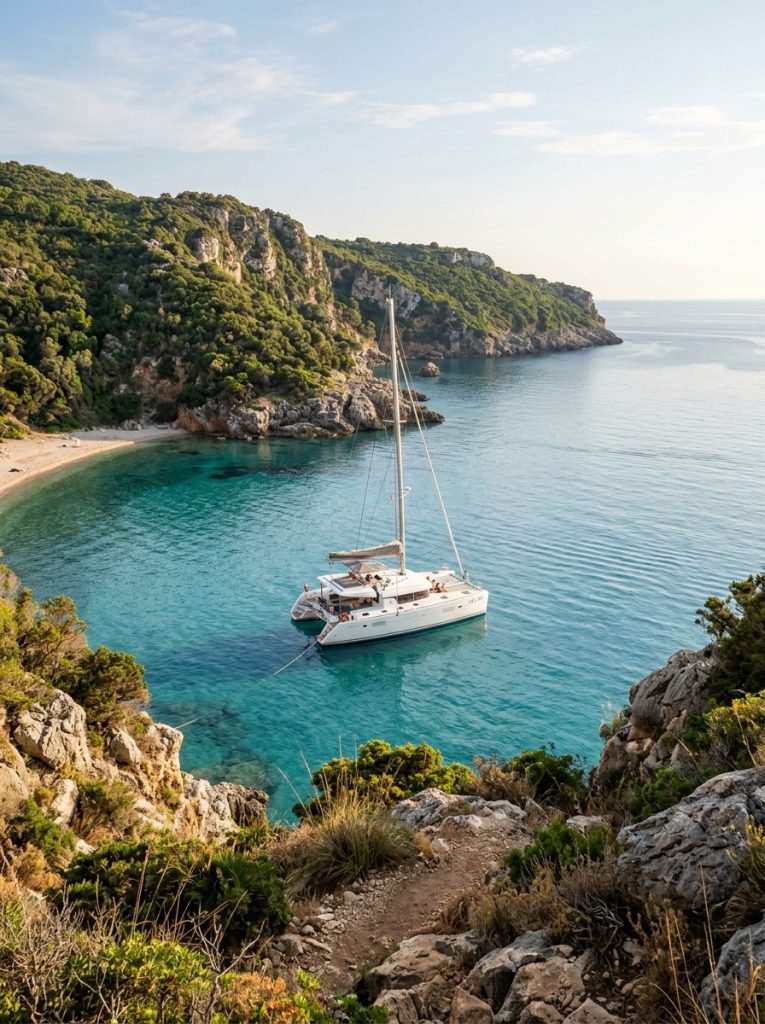 Catamaran charter yacht anchored alone in a secluded turquoise bay