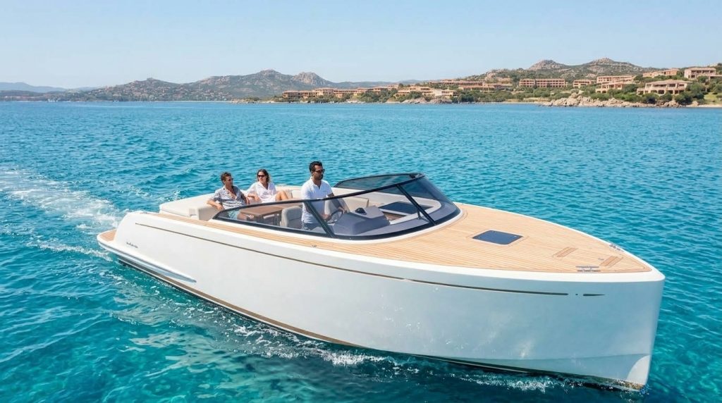 Small open day boat cruising near the Mediterranean coast