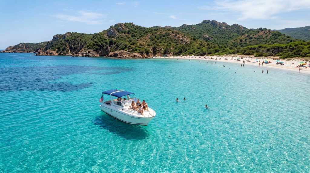 Full-day boat charter anchored near a beach