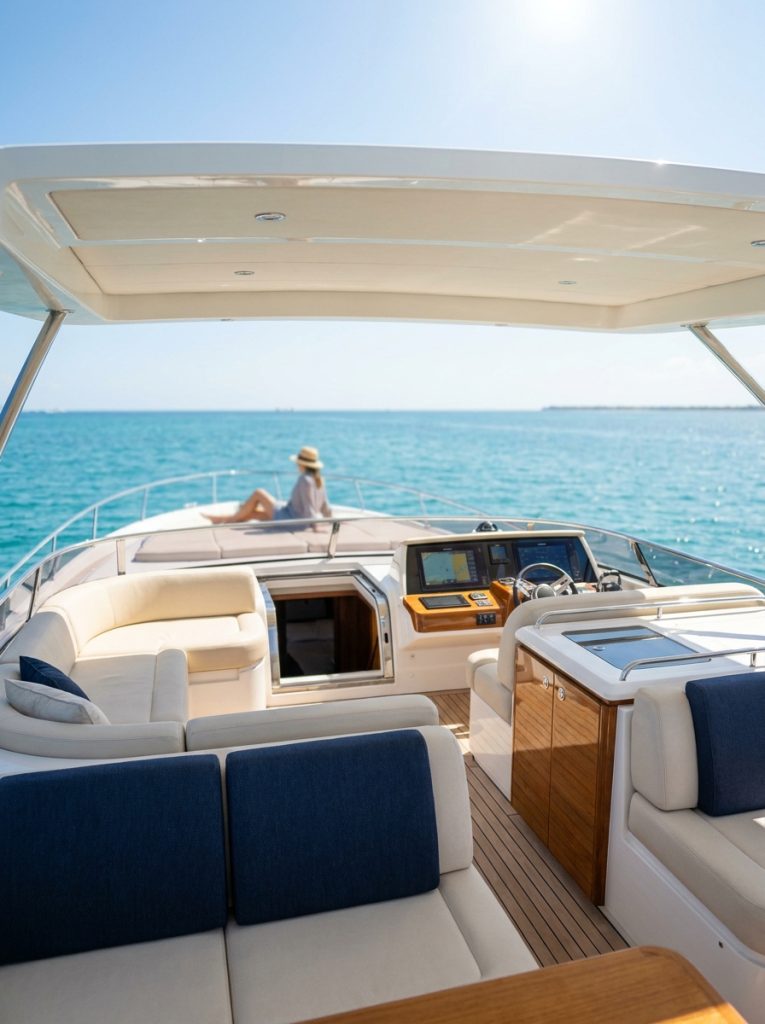 Sun deck and flybridge of a motor yacht charter