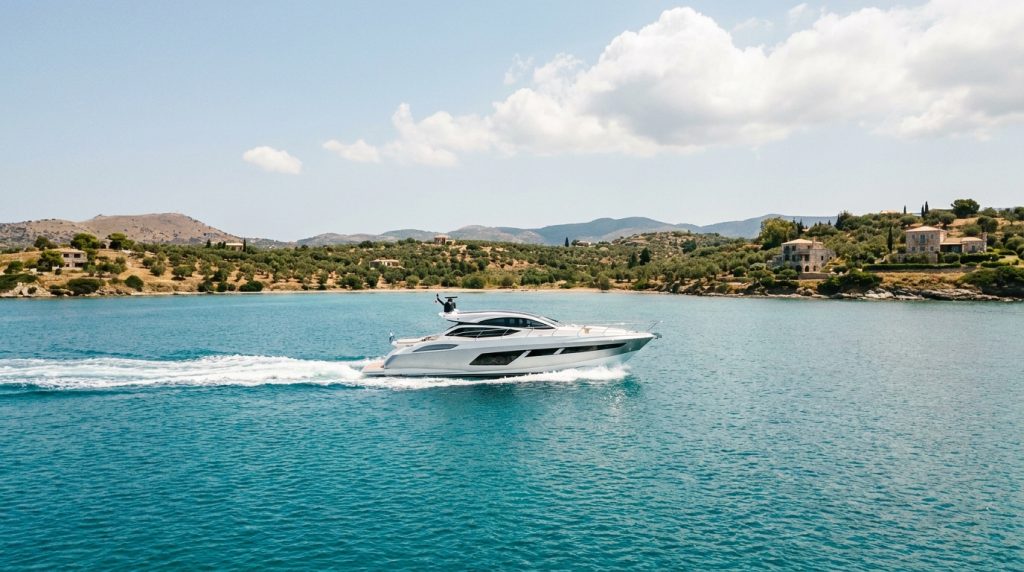 Modern motor yacht cruising at speed near the Mediterranean coast
