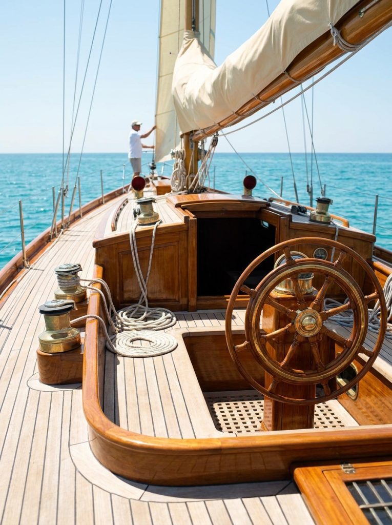 Cockpit and helm of a classic sailing yacht charter