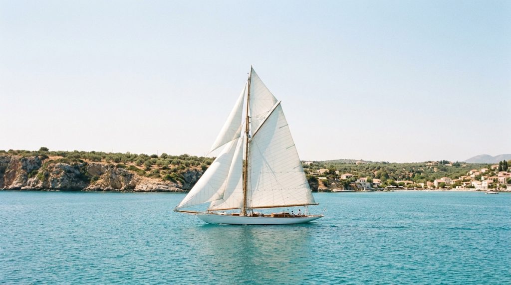 Classic monohull sailing yacht under full sail near the Mediterranean coast