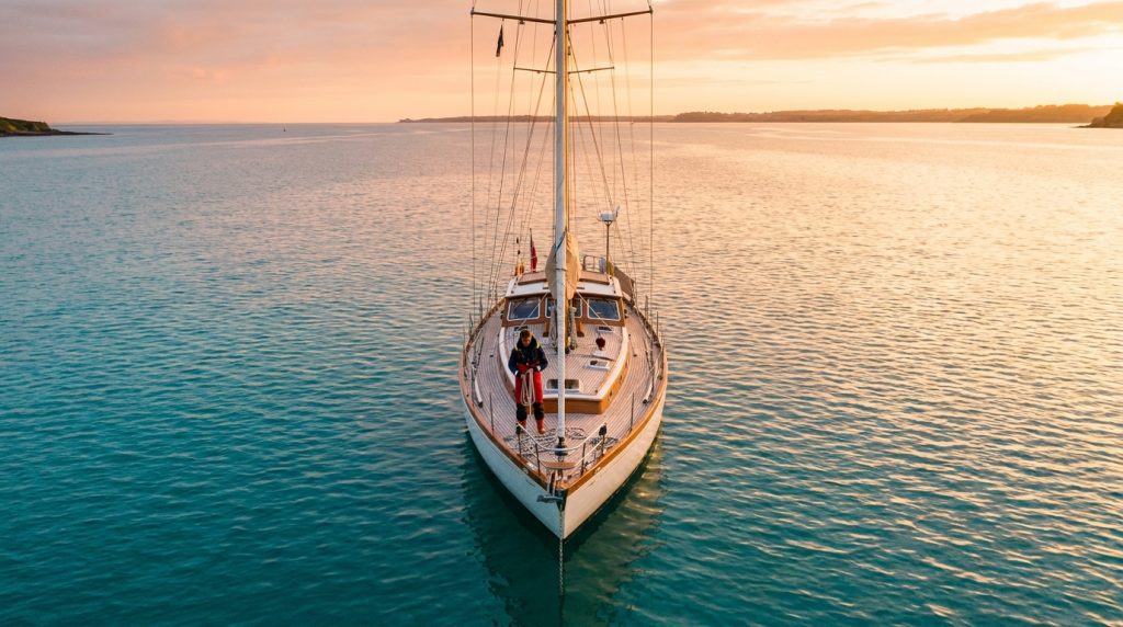 Skippered charter yacht anchored in a calm bay at golden hour