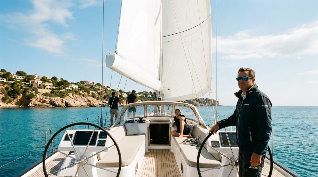 Sailing yacht with captain at the helm off the Mediterranean coast