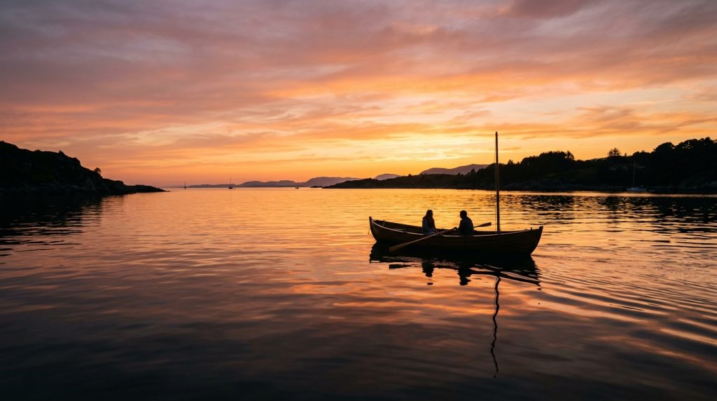 Sunset boat charter silhouetted against golden sky
