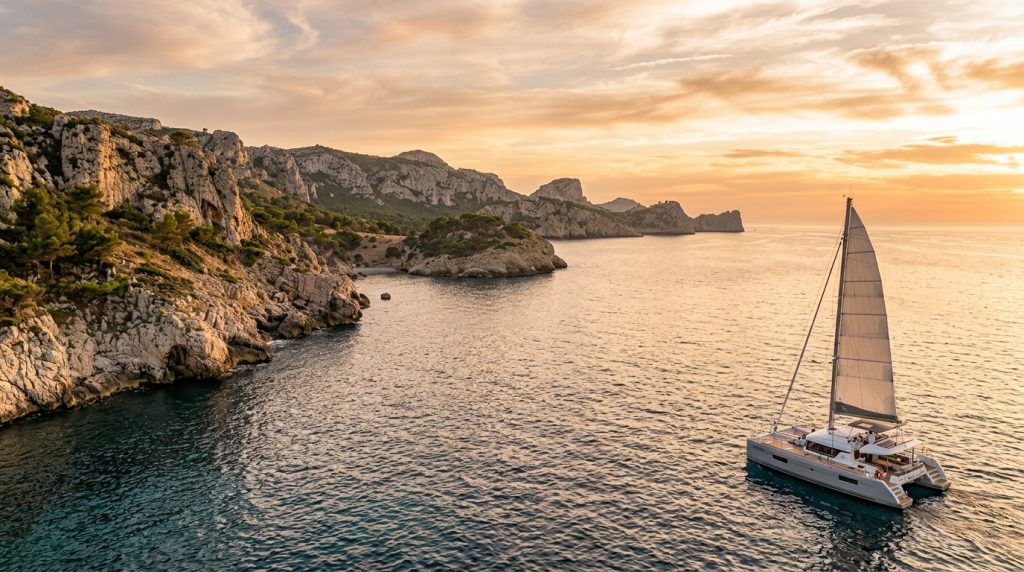 Week-long catamaran charter cruising a scenic coastline